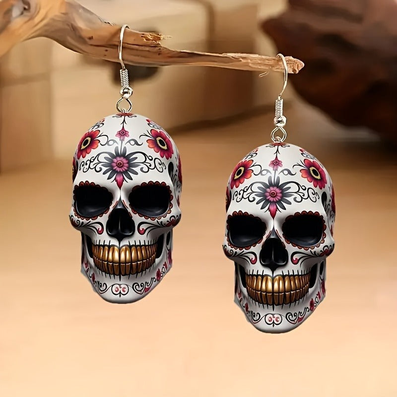 skull earrings, gothic jewelry, Halloween earrings, sugar skull design, boho style, festival accessories, statement earrings, colorful skulls, punk earrings, day of the dead jewelry EH-121