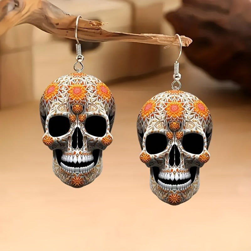 skull earrings, gothic jewelry, Halloween earrings, sugar skull design, boho style, festival accessories, statement earrings, colorful skulls, punk earrings, day of the dead jewelry EH-121