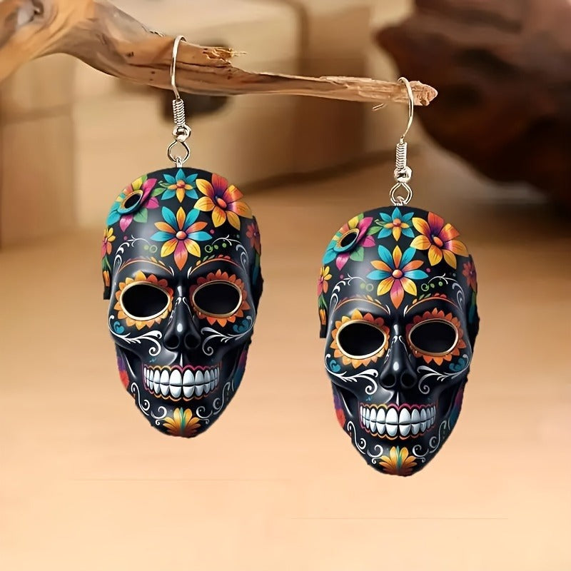 skull earrings, gothic jewelry, Halloween earrings, sugar skull design, boho style, festival accessories, statement earrings, colorful skulls, punk earrings, day of the dead jewelry EH-121