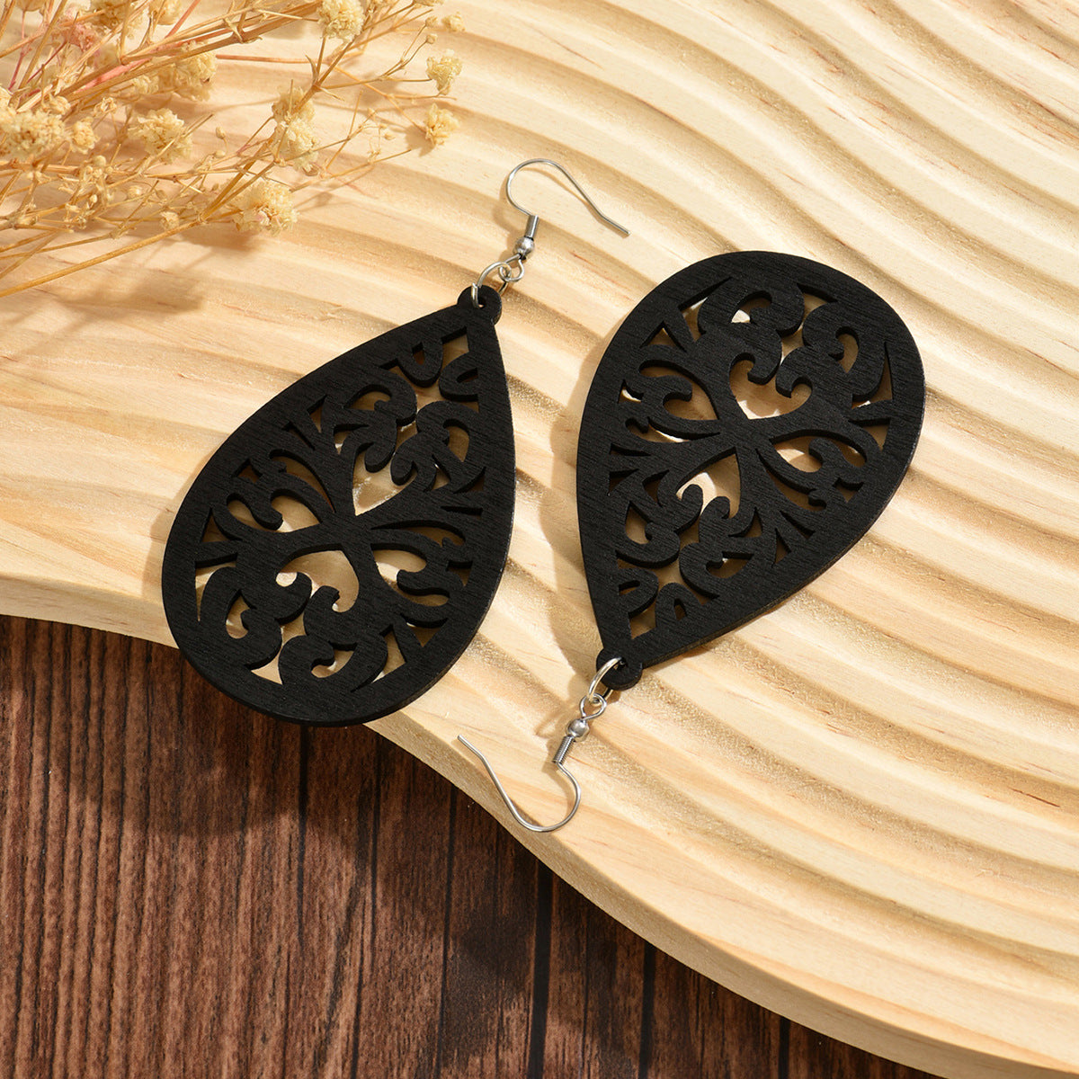 boho earrings, wooden earrings, lightweight jewelry, hollow drop earrings, vintage style, everyday earrings, natural wood accessories, ethnic design, statement earrings, minimalist bohemian EH-122