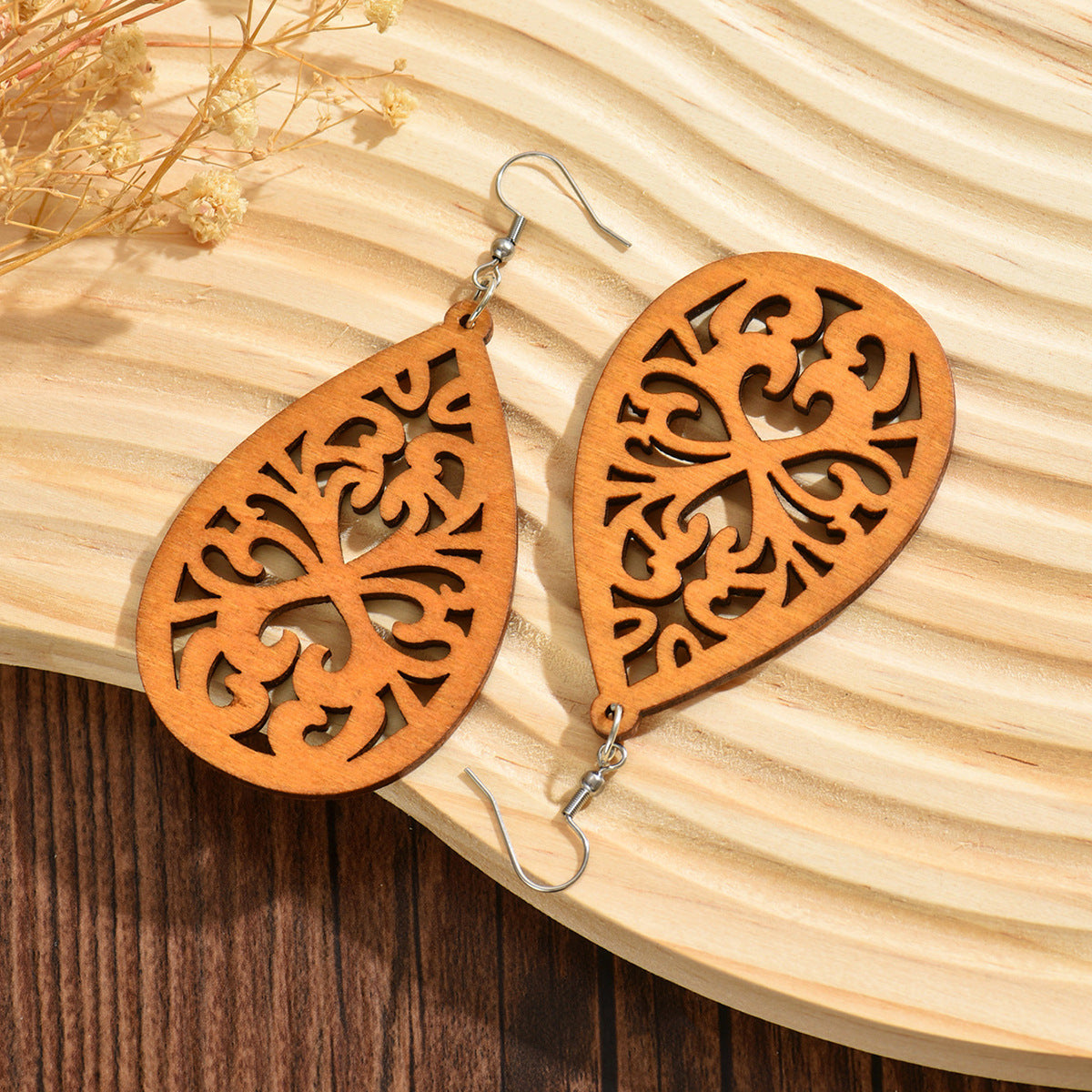 boho earrings, wooden earrings, lightweight jewelry, hollow drop earrings, vintage style, everyday earrings, natural wood accessories, ethnic design, statement earrings, minimalist bohemian EH-122