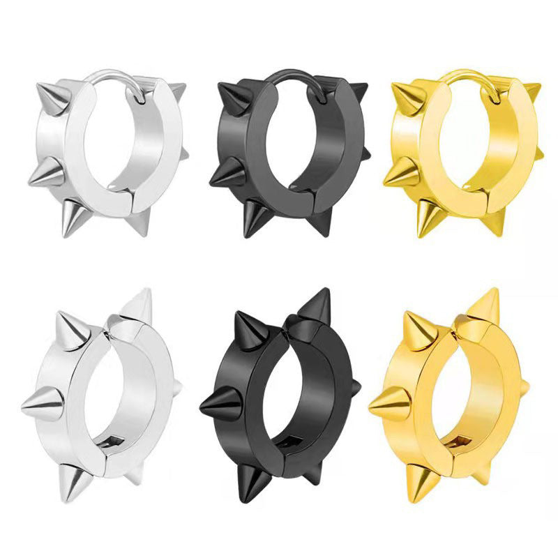 spike earrings, punk hoop earrings, stainless steel jewelry, edgy style, unisex earrings, gothic accessories, bold hoops, street fashion, minimal punk, everyday statement EH-123