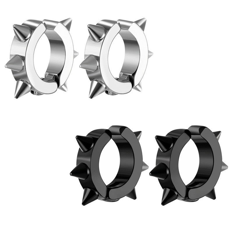 spike earrings, punk hoop earrings, stainless steel jewelry, edgy style, unisex earrings, gothic accessories, bold hoops, street fashion, minimal punk, everyday statement EH-123