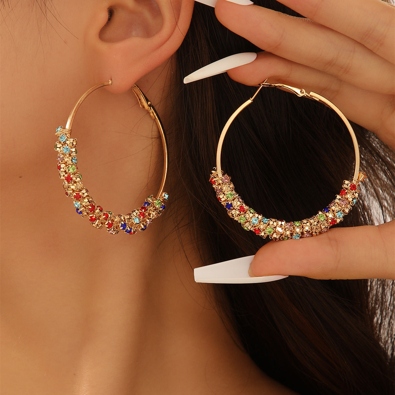 hoop earrings, rhinestone hoops, colorful crystal earrings, statement hoops, party jewelry, gold hoops, glamorous style, sparkle earrings, festival fashion, everyday glam EH-127