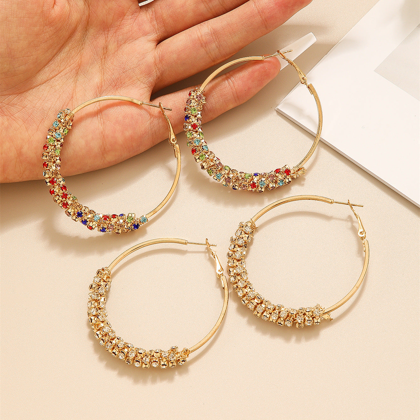 hoop earrings, rhinestone hoops, colorful crystal earrings, statement hoops, party jewelry, gold hoops, glamorous style, sparkle earrings, festival fashion, everyday glam EH-127