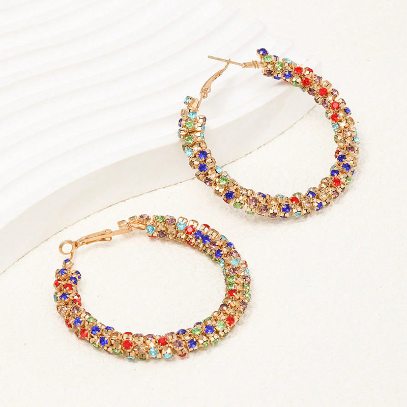 hoop earrings, rhinestone hoops, colorful crystal earrings, statement hoops, party jewelry, gold hoops, glamorous style, sparkle earrings, festival fashion, everyday glam EH-127