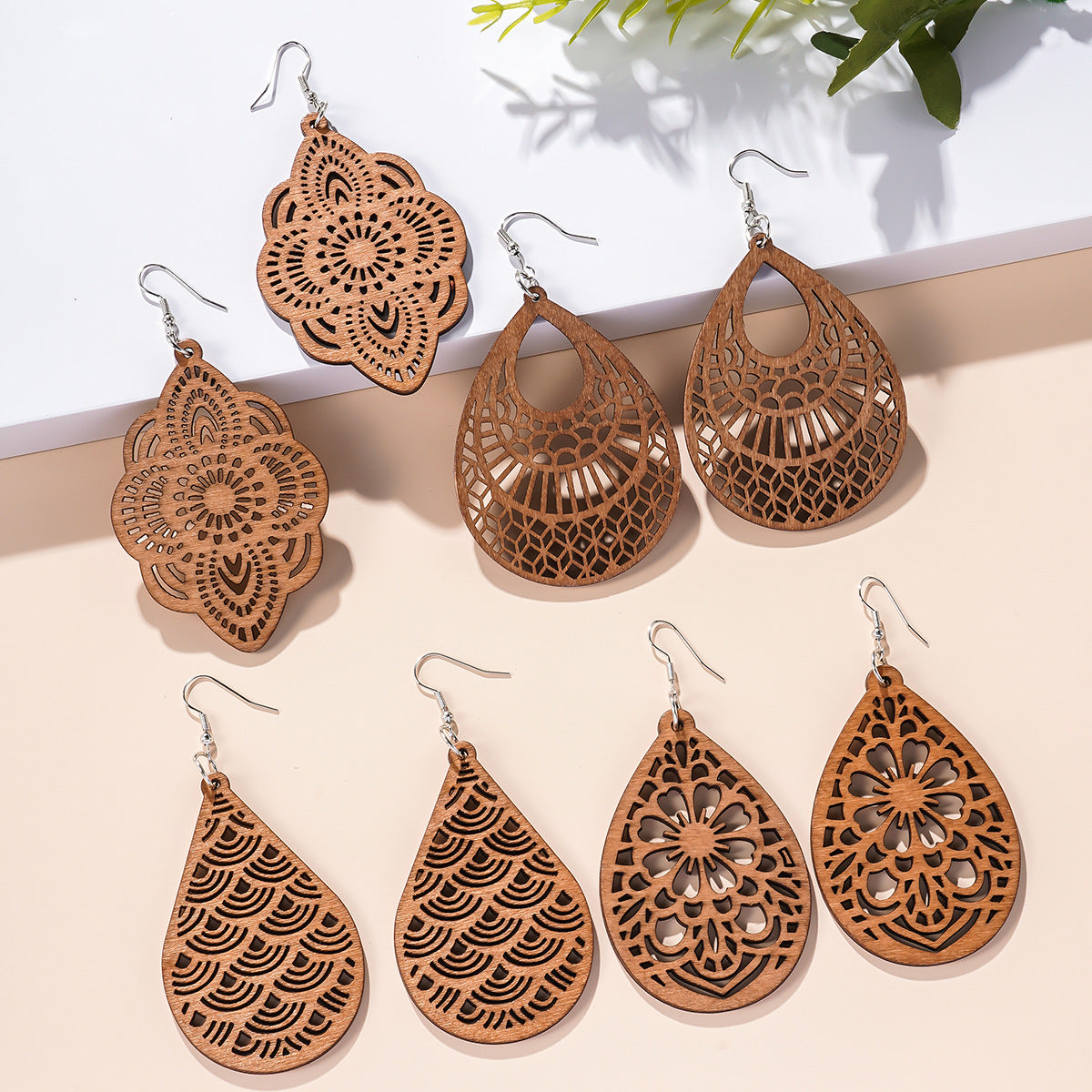 wood earrings, boho earrings, vintage style, lightweight jewelry, statement earrings, hollow carved design, natural wood texture, daily wear, festival accessories, handmade earrings EH-131