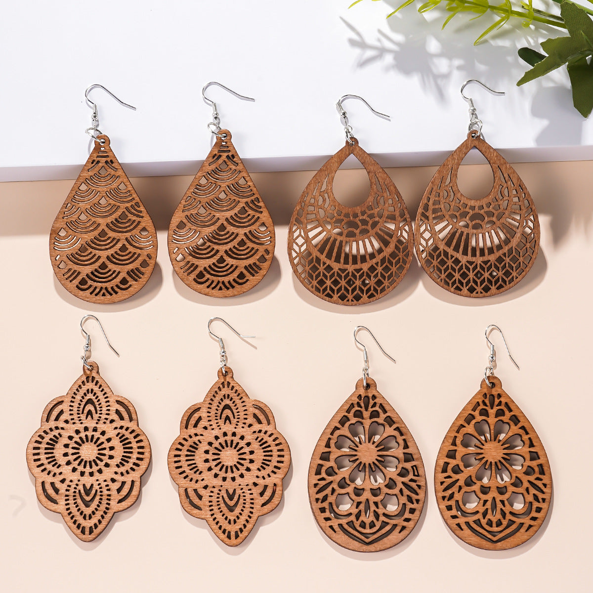 wood earrings, boho earrings, vintage style, lightweight jewelry, statement earrings, hollow carved design, natural wood texture, daily wear, festival accessories, handmade earrings EH-131