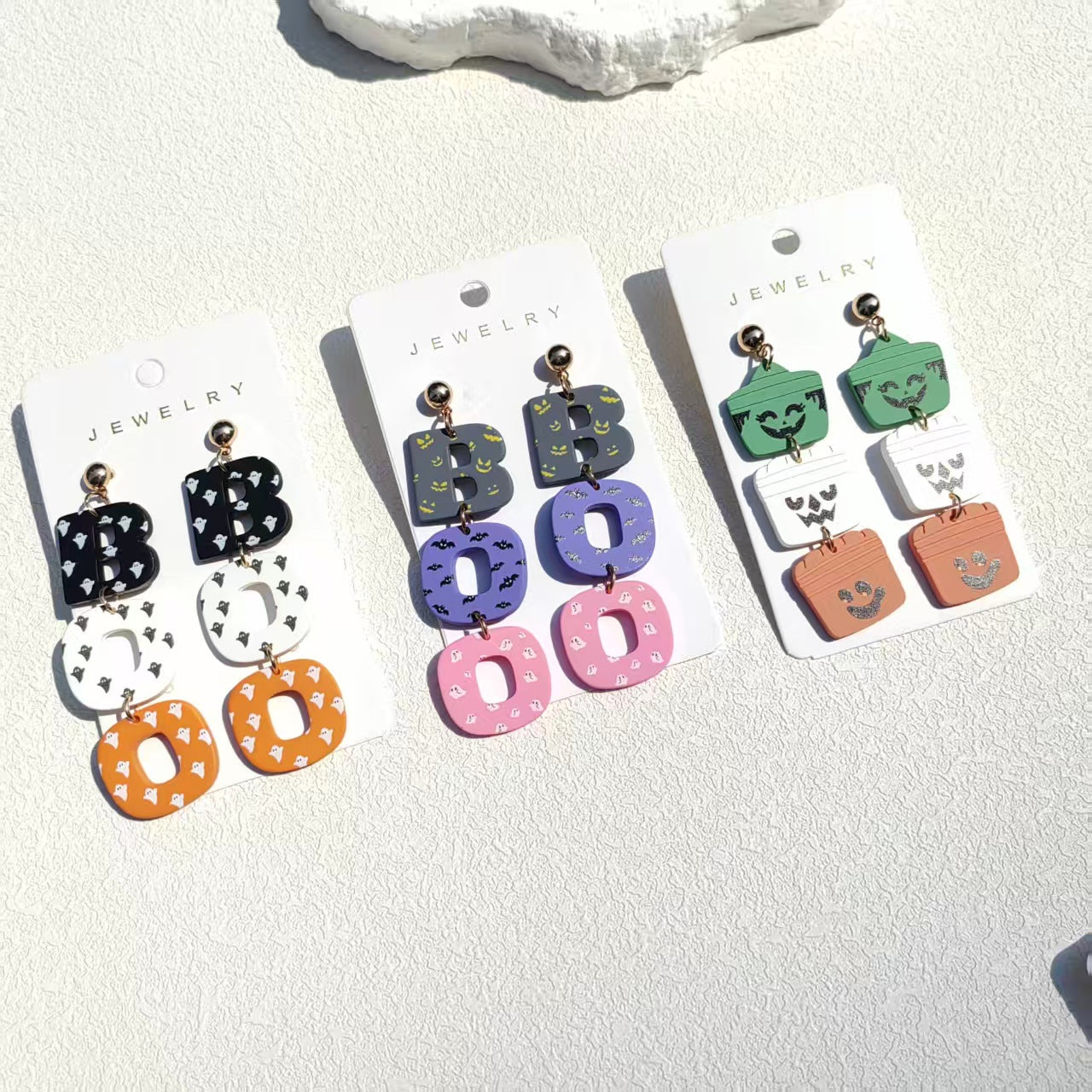 Halloween earrings, spooky jewelry, acrylic earrings, ghost design, pumpkin earrings, statement earrings, cute Halloween accessories, colorful earrings, fun party style, seasonal jewelry EH-132