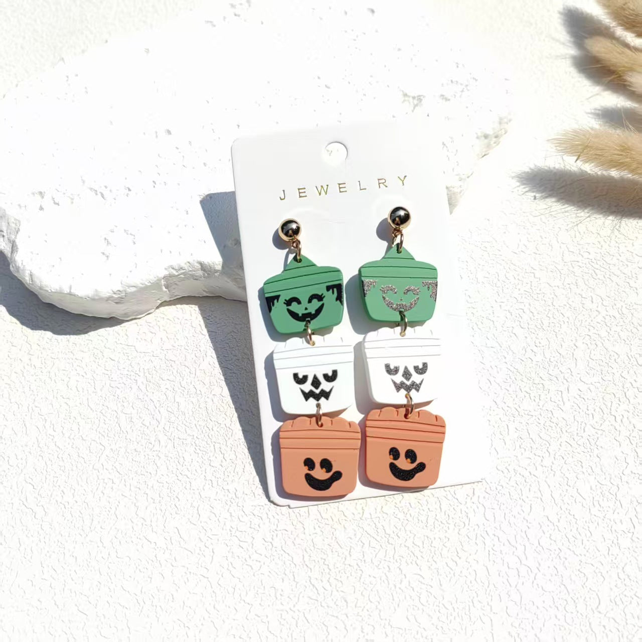 Halloween earrings, spooky jewelry, acrylic earrings, ghost design, pumpkin earrings, statement earrings, cute Halloween accessories, colorful earrings, fun party style, seasonal jewelry EH-132