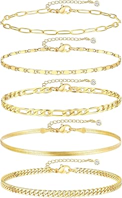 Gold Ankle Bracelets for Women, 14K Gold Plated Waterproof Cuban Link Chain Anklets Set, Layered Anklet Bracelets for Women Beach Gift Adjustable Size 5pc JL-052