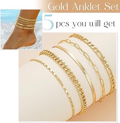 Gold Ankle Bracelets for Women, 14K Gold Plated Waterproof Cuban Link Chain Anklets Set, Layered Anklet Bracelets for Women Beach Gift Adjustable Size 5pc JL-052