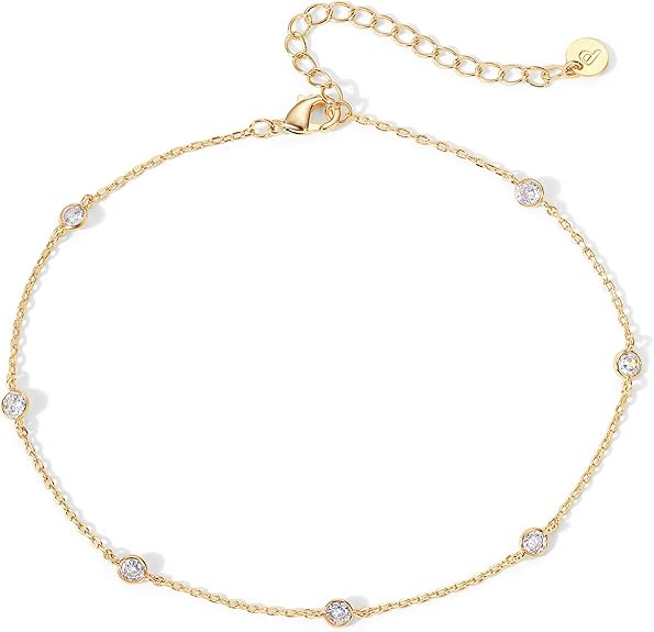 14K Gold Plated Anklet for Women - Trendy Link Chain Ankle Bracelet Summer Jewelry - Boho Dainty Anklets with Cubic Zirconia, Beaded, Evil Eye, Star, Station, Pearls Adjustable Gold Jewelry EH-053