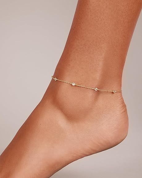 14K Gold Plated Anklet for Women - Trendy Link Chain Ankle Bracelet Summer Jewelry - Boho Dainty Anklets with Cubic Zirconia, Beaded, Evil Eye, Star, Station, Pearls Adjustable Gold Jewelry EH-053