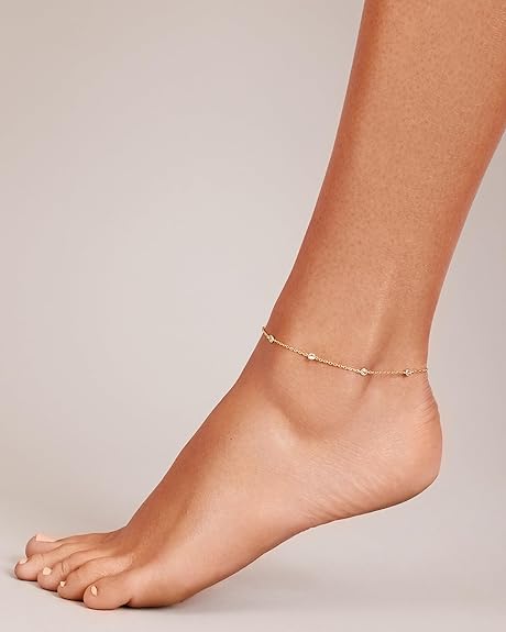 14K Gold Plated Anklet for Women - Trendy Link Chain Ankle Bracelet Summer Jewelry - Boho Dainty Anklets with Cubic Zirconia, Beaded, Evil Eye, Star, Station, Pearls Adjustable Gold Jewelry EH-053
