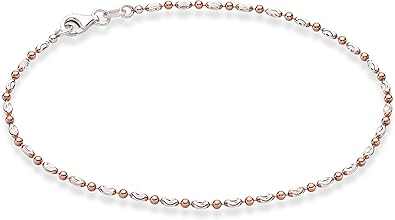 925 Sterling Silver Diamond-Cut Oval and Round Bead Ball Chain Anklet Ankle Bracelet for Women, Made in Italy JL-054