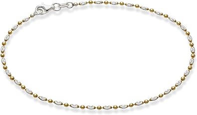 925 Sterling Silver Diamond-Cut Oval and Round Bead Ball Chain Anklet Ankle Bracelet for Women, Made in Italy JL-054