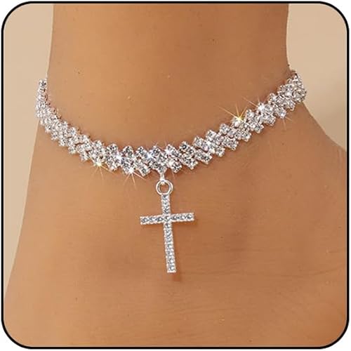 Ankle Bracelets for Women Waterproof Tennis Rhinestone Anklets for Women Butterfly Heart Star Cross Anklet Bracelet for Women Plus Size Anklet Bracelets for Big Ankle Beach Foot Jewelry JL-055