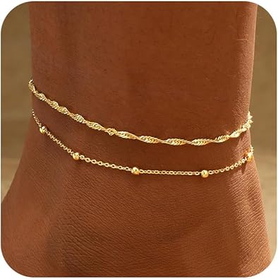 2/3 PCS Gold Anklets for Women Waterproof Cuban Link Anklet Beaded Bracelets Stackable Bracelets 14K Gold Plated Custom Jewelry Gifts Non Tarnish Lightweight JL-056