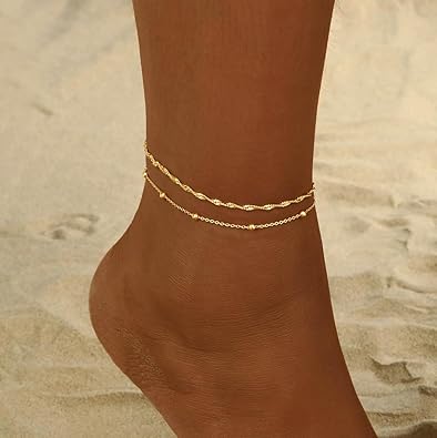 2/3 PCS Gold Anklets for Women Waterproof Cuban Link Anklet Beaded Bracelets Stackable Bracelets 14K Gold Plated Custom Jewelry Gifts Non Tarnish Lightweight JL-056
