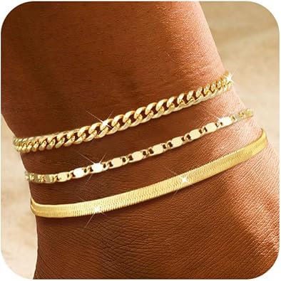 2/3 PCS Gold Anklets for Women Waterproof Cuban Link Anklet Beaded Bracelets Stackable Bracelets 14K Gold Plated Custom Jewelry Gifts Non Tarnish Lightweight JL-056