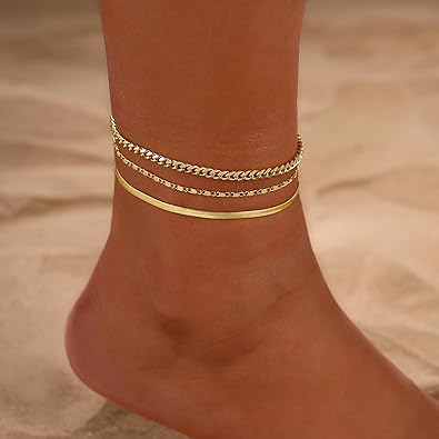 2/3 PCS Gold Anklets for Women Waterproof Cuban Link Anklet Beaded Bracelets Stackable Bracelets 14K Gold Plated Custom Jewelry Gifts Non Tarnish Lightweight JL-056