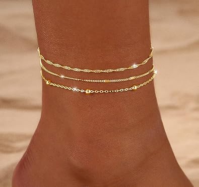 2/3 PCS Gold Anklets for Women Waterproof Cuban Link Anklet Beaded Bracelets Stackable Bracelets 14K Gold Plated Custom Jewelry Gifts Non Tarnish Lightweight JL-056