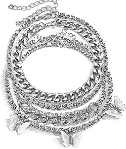 Layered Butterfly Anklet for Women Charms Butterfly Gold Plate Silver Plate Rhinestone Cuban Anklets Adjustable Anklet for Summer Beach JL-057