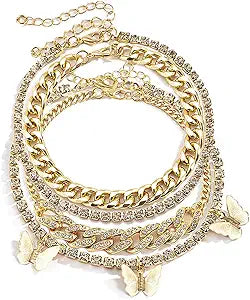 Layered Butterfly Anklet for Women Charms Butterfly Gold Plate Silver Plate Rhinestone Cuban Anklets Adjustable Anklet for Summer Beach JL-057