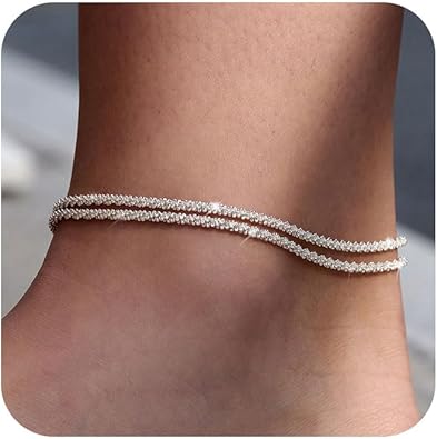 Sterling Silver Ankle Bracelets for Women: Dainty Layered Waterproof Anklet for Women Adjustable Womens Anklet Set Stackable Figaro Beaded Cuban Link Anklets Beach Jewelry for Women JL-058