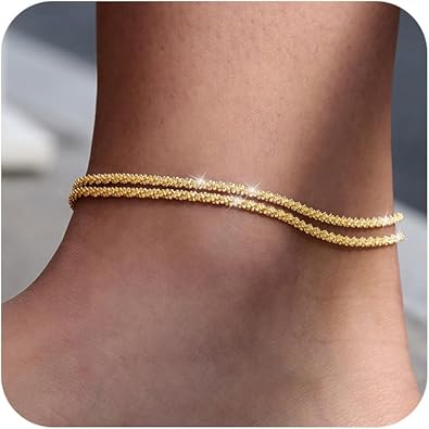 Sterling Silver Ankle Bracelets for Women: Dainty Layered Waterproof Anklet for Women Adjustable Womens Anklet Set Stackable Figaro Beaded Cuban Link Anklets Beach Jewelry for Women JL-058