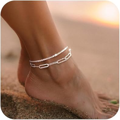 Sterling Silver Ankle Bracelets for Women: Dainty Layered Waterproof Anklet for Women Adjustable Womens Anklet Set Stackable Figaro Beaded Cuban Link Anklets Beach Jewelry for Women JL-058