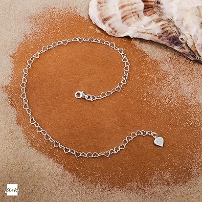 925 Fine Sterling Silver Naturally Adjustable Anklet - 3 mm Heart Chain Ankle Bracelet - up to 10" inch - Flexible Fit JL-059