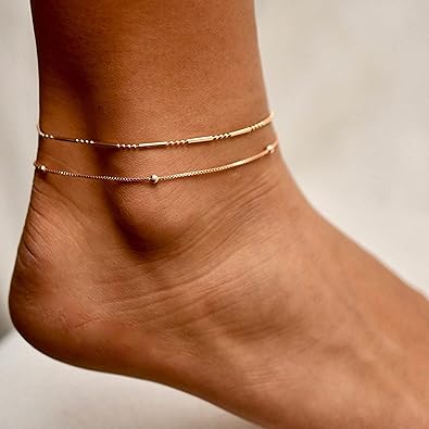Dainty Layered Anklet, 14K Gold Filled Cute Beads Satellite Chain Heart Boho Adjustable Anklets for Women JL-063
