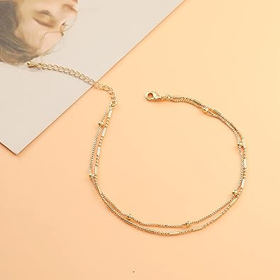 Dainty Layered Anklet, 14K Gold Filled Cute Beads Satellite Chain Heart Boho Adjustable Anklets for Women JL-063
