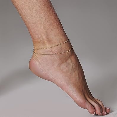 Dainty Layered Anklet, 14K Gold Filled Cute Beads Satellite Chain Heart Boho Adjustable Anklets for Women JL-063