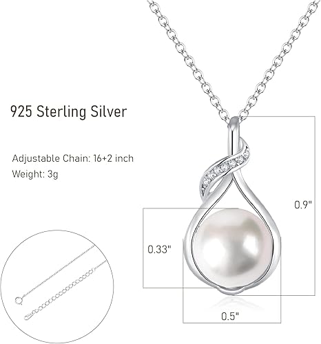 Freshwater Pearl Necklaces for Women, 925 Sterling Silver Teardrop Infinity 8.5Mm Real Pearl Pendant, Dainty Women's Jewelry Gifts for Mom Wife Girlfriend Anniversary Birthday Wedding Bridal XL-081