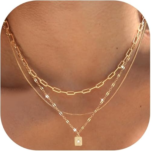 Layered Gold Necklaces for Women Trendy, 3 Pcs 14K Gold Plated Choker Paperclip Box Chain Necklace, Stackable Women's Gold Pendant Necklaces Jewelry Set XL-083
