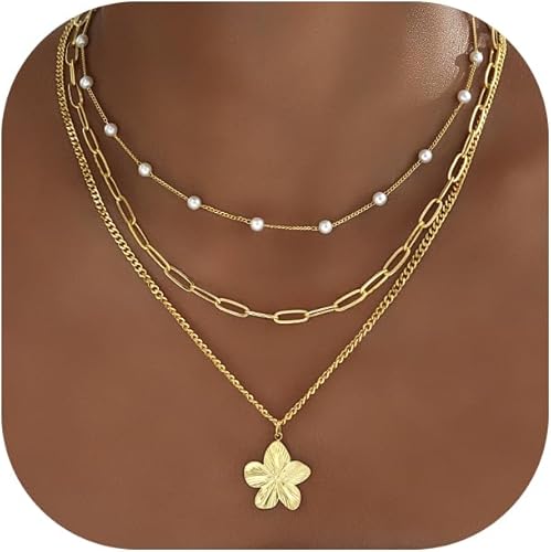 Layered Gold Necklaces for Women Trendy, 3 Pcs 14K Gold Plated Choker Paperclip Box Chain Necklace, Stackable Women's Gold Pendant Necklaces Jewelry Set XL-083