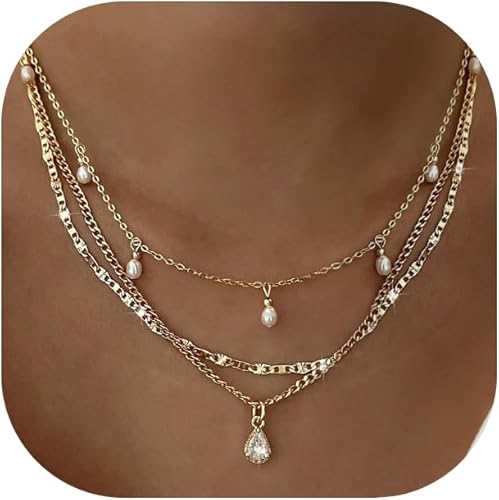 Layered Gold Necklaces for Women Trendy, 3 Pcs 14K Gold Plated Choker Paperclip Box Chain Necklace, Stackable Women's Gold Pendant Necklaces Jewelry Set XL-083