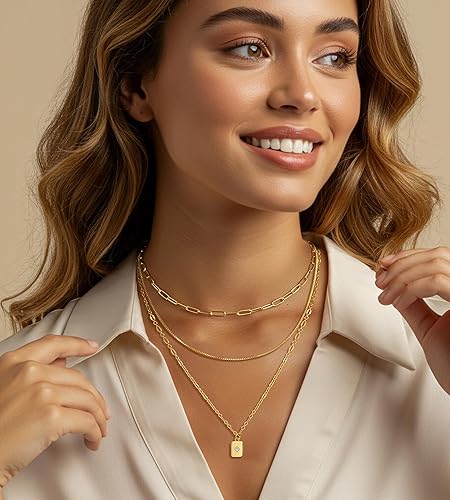 Layered Gold Necklaces for Women Trendy, 3 Pcs 14K Gold Plated Choker Paperclip Box Chain Necklace, Stackable Women's Gold Pendant Necklaces Jewelry Set XL-083