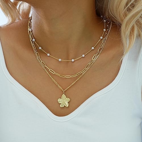 Layered Gold Necklaces for Women Trendy, 3 Pcs 14K Gold Plated Choker Paperclip Box Chain Necklace, Stackable Women's Gold Pendant Necklaces Jewelry Set XL-083