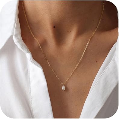 Gold Pearl Necklaces for Women Trendy 14k Gold Plated Dainty Necklace Simple Pearl Drop Single Charm Pendant Necklace Women's Jewelry Best Friend Birthday Gifts Gold Jewelry for Women XL-086
