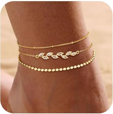 Ankle Bracelets for Women 14K Real Gold Silver Plated Ankle Bracelets Waterproof Heart Beads Rope Satellite Anklets Set Adjustable Layered Anklet Bracelets No Tarnish Summer Beach Jewelry Gift JL-065