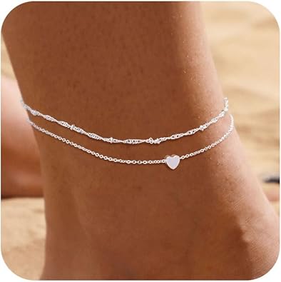 Ankle Bracelets for Women 14K Real Gold Silver Plated Ankle Bracelets Waterproof Heart Beads Rope Satellite Anklets Set Adjustable Layered Anklet Bracelets No Tarnish Summer Beach Jewelry Gift JL-065