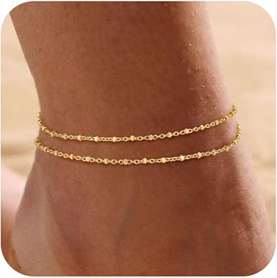Ankle Bracelets for Women 14K Real Gold Silver Plated Ankle Bracelets Waterproof Heart Beads Rope Satellite Anklets Set Adjustable Layered Anklet Bracelets No Tarnish Summer Beach Jewelry Gift JL-065