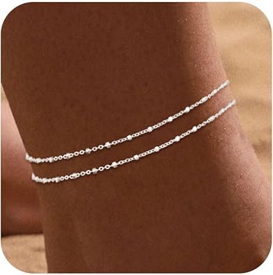 Ankle Bracelets for Women 14K Real Gold Silver Plated Ankle Bracelets Waterproof Heart Beads Rope Satellite Anklets Set Adjustable Layered Anklet Bracelets No Tarnish Summer Beach Jewelry Gift JL-065