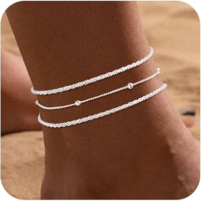 Ankle Bracelets for Women 14K Real Gold Silver Plated Ankle Bracelets Waterproof Heart Beads Rope Satellite Anklets Set Adjustable Layered Anklet Bracelets No Tarnish Summer Beach Jewelry Gift JL-065