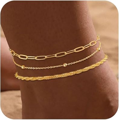 Ankle Bracelets for Women 14K Real Gold Silver Plated Ankle Bracelets Waterproof Heart Beads Rope Satellite Anklets Set Adjustable Layered Anklet Bracelets No Tarnish Summer Beach Jewelry Gift JL-065
