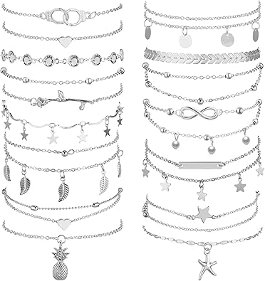 16 Pieces Ankle Bracelets 14K for Women Anklets Set Boho Beach Anklets Foot Chains Adjustable Foot Hand Jewelry Romantic Gift JL-066